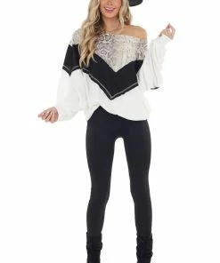 CY Fashion Black And White Long Sleeve Top With Animal Print Contrast Tops