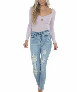 LE LIS Light Orchid Long Sleeve Bow Front Bodysuit