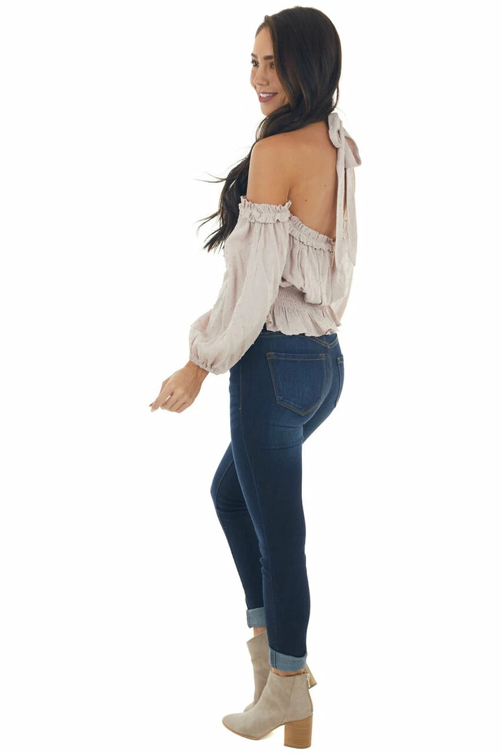 Peach Love Light Latte Swiss Dot Off Shoulder Halter Top Tops 14 Peach Love Light Latte Swiss Dot Off Shoulder Halter Top Tops