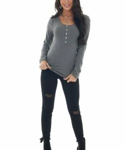 Vanilla Bay Graphite Ribbed Long Sleeve Henley Top