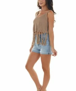 143 Story Taupe Sweater Knit Cropped Fringe Tank Top