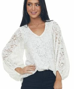 Vine & Love Tops Ivory Floral Lace Long Bubble Sleeve Blouse