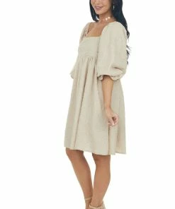 Sweet Lemon Beige Textured Woven Babydoll Short Dress
