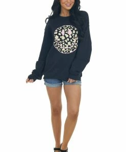 Sweet Claire Black Leopard Smiley Face Graphic Sweater Top