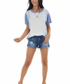 BiBi Tops Ivory And Blue Colorblock Tee With Short Sleeves