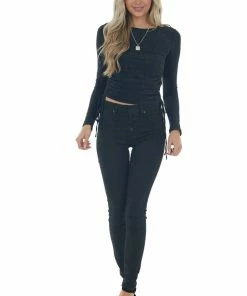 She + Sky Black Metallic Thread Ruched Side Knit Top