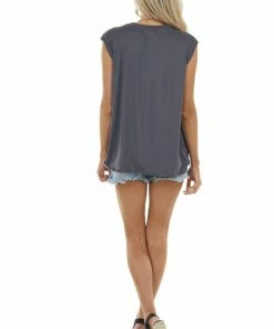 Haptics Graphite Sleeveless Knit Muscle Tank Top With Front Knot Tops