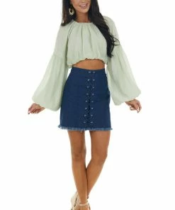 Emory Park Dusty Sage Long Bubble Sleeve Woven Crop Top Tops