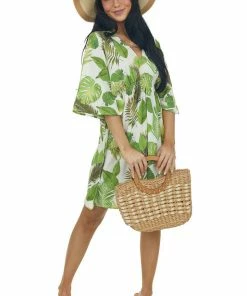 Entro White And Lime Leaf Print Half Sleeve Dress Dresses
