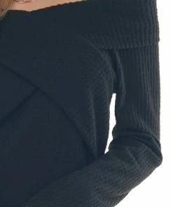 BiBi Black Criss Cross Brushed Waffle Knit Top