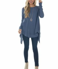 Easel Stormy Blue Handkerchief Hem Reverse Seam Top Tops