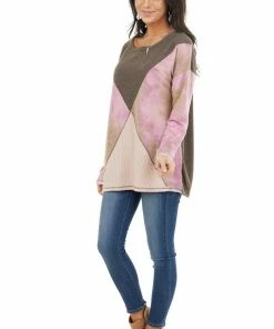 BiBi Tops Taupe And Blush Colorblock Long Sleeve Top With Tie Dye 30 BiBi Tops Taupe And Blush Colorblock Long Sleeve Top With Tie Dye
