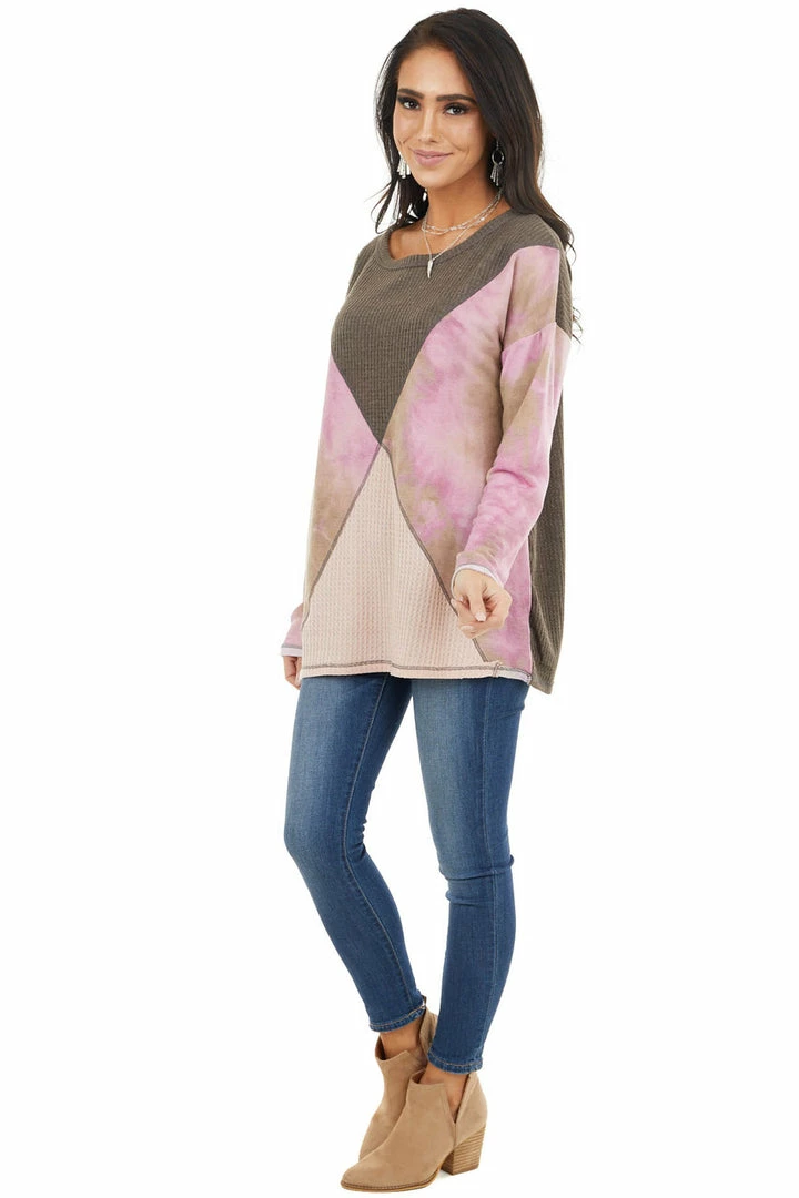 BiBi Tops Taupe And Blush Colorblock Long Sleeve Top With Tie Dye 15 BiBi Tops Taupe And Blush Colorblock Long Sleeve Top With Tie Dye