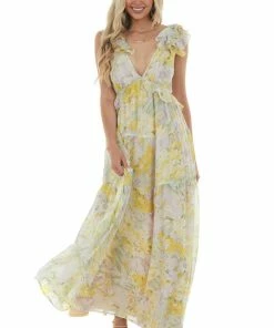 Aakaa Dresses Pastel Yellow Floral Open Back Maxi Dress