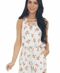 CY Fashion Dresses Vanilla Floral Print Criss Cross V Neck Romper