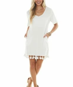 BiBi Dresses Off White V Neck Mini Dress With Short Sleeves
