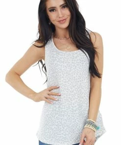 Staccato Ivory And Dove Grey Leopard Print Sleeveless Knit Top Tops