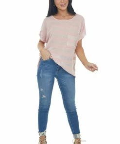 CY Fashion Tops Pale Pink Striped Loose Knit Top With Front Chest Pocket