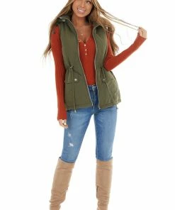 HYFVE Outerwear Olive Green Sleeveless Zip Up Vest With Mock Neckline