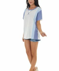 BiBi Tops Ivory And Blue Colorblock Tee With Short Sleeves