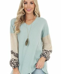 Lovely Melody Sage Waffle Knit Top With Oatmeal And Leopard Print Sleeves 26 Lovely Melody Sage Waffle Knit Top With Oatmeal And Leopard Print Sleeves