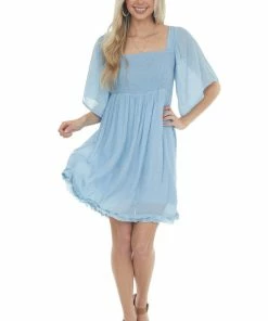 Umgee Powder Blue Babydoll Short Dress With Flutter Sleeves Dresses