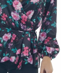 Peach Love Black Floral Print Satin Surplice Top With Tie