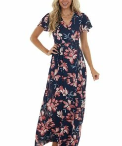 ROKOKO Navy Floral Print Wrap Maxi Dress With Tie Dresses