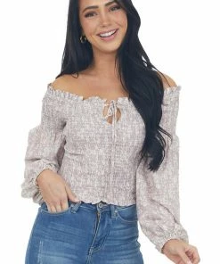Illa Illa Lilac And Ivory Printed Smocked Off The Shoulder Blouse Tops 26 Illa Illa Lilac And Ivory Printed Smocked Off The Shoulder Blouse Tops