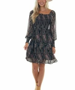 143 Story Black Paisley Print Smocked Woven Short Dress