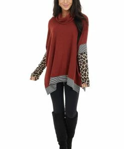 First Love Rust Multiprint Ribbed Long Sleeve Top With Cowl Neck Tops