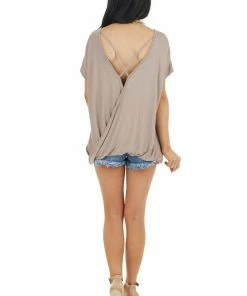 CY Fashion Mocha Short Sleeve Knit Top With Back Draped Twist Detail Tops