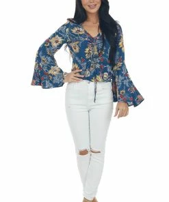 Nostalgia Tops Navy Floral Print Blouse With Long Sleeves