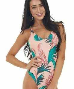 Envya Peach Leaf Print One Piece Swimsuit With Cutout Details 29 Envya Peach Leaf Print One Piece Swimsuit With Cutout Details