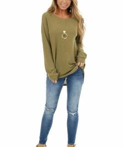 Supreme Fashion Tops Olive Long Sleeve Waffle Knit Top With Rounded Neckline