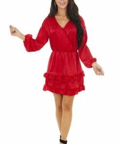 Peach Love Cherry Surplice Ruffled Satin Mini Dress With Elastic Waist Dresses
