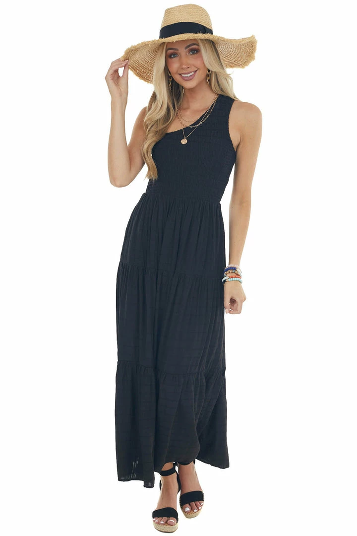 Entro Black Smocked One Shoulder Linen Maxi Dress 12 Entro Black Smocked One Shoulder Linen Maxi Dress