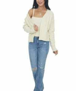 Miss Sparkling Cream Knit Crop Top And Cardigan Set Tops