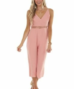 Main Strip Coral Sleeveless Jumpsuit With Lace Details On Waist