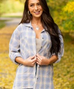 She + Sky Dusty Blue Plaid Front Knot Button Down Shirt Tops