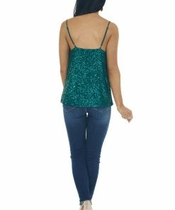 Main Strip Tops Dark Pine Sequin Sleeveless Cowl Neck Tank