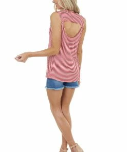 CY Fashion Red And White Striped Top With Back Draped Cutout Detail