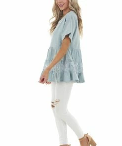 Umgee Vintage Seafoam Drop Waist Tiered Knit Top With Lace Detail 24 Umgee Vintage Seafoam Drop Waist Tiered Knit Top With Lace Detail