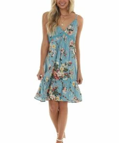 Umgee Dusty Blue Floral Print Babydoll Short Dress Dresses