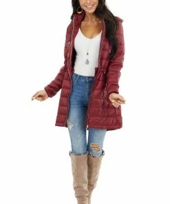 Style Melody Wine Zip Up Adjustable Puffer Coat With Removable Hood