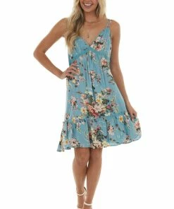 Umgee Dusty Blue Floral Print Babydoll Short Dress Dresses