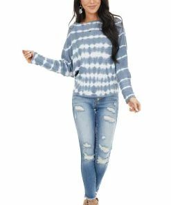 She + Sky Slate Blue Tie Dye Waffle Knit Top With Dolman Sleeves Tops 27 She + Sky Slate Blue Tie Dye Waffle Knit Top With Dolman Sleeves Tops
