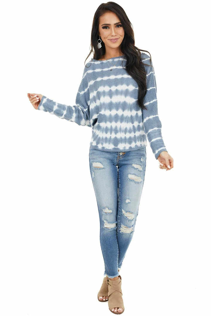She + Sky Slate Blue Tie Dye Waffle Knit Top With Dolman Sleeves Tops 12 She + Sky Slate Blue Tie Dye Waffle Knit Top With Dolman Sleeves Tops