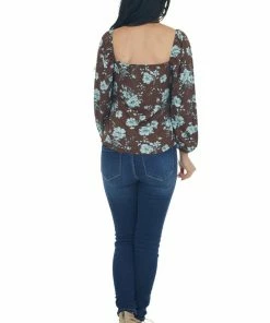 Ces Femme Tops Cocoa And Sky Blue Floral Peasant Sleeve Top