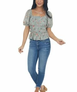Entro Tops Sage Floral Print Short Sleeve Blouse With Smocked Details 37 Entro Tops Sage Floral Print Short Sleeve Blouse With Smocked Details